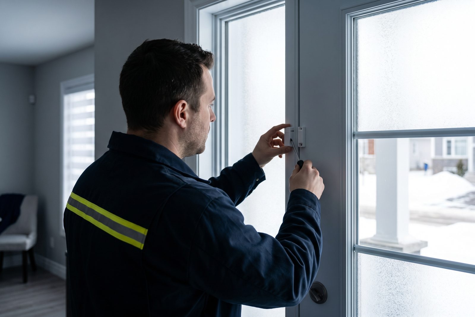 Technicien installant un contact magnétique sur le cadre d’une porte d’entrée