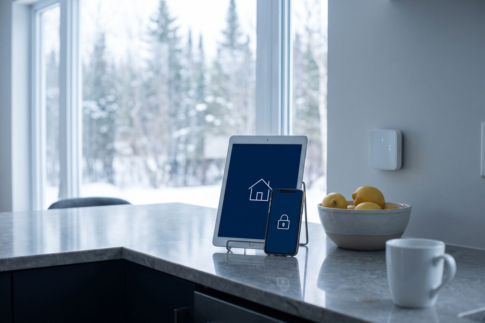 Tablette et téléphone affichant une interface de maison connectée, sur un comptoir de cuisine