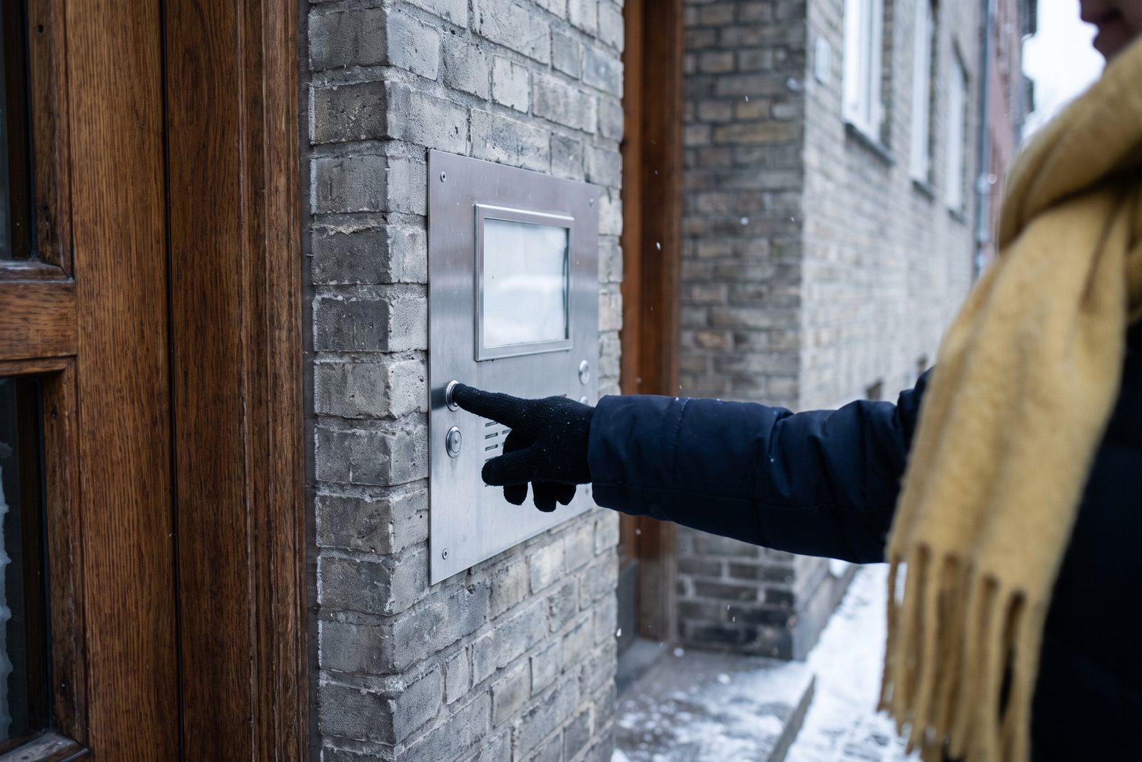 Doigt appuyant sur le bouton d’un panneau d’intercom, à l’entrée d’un immeuble