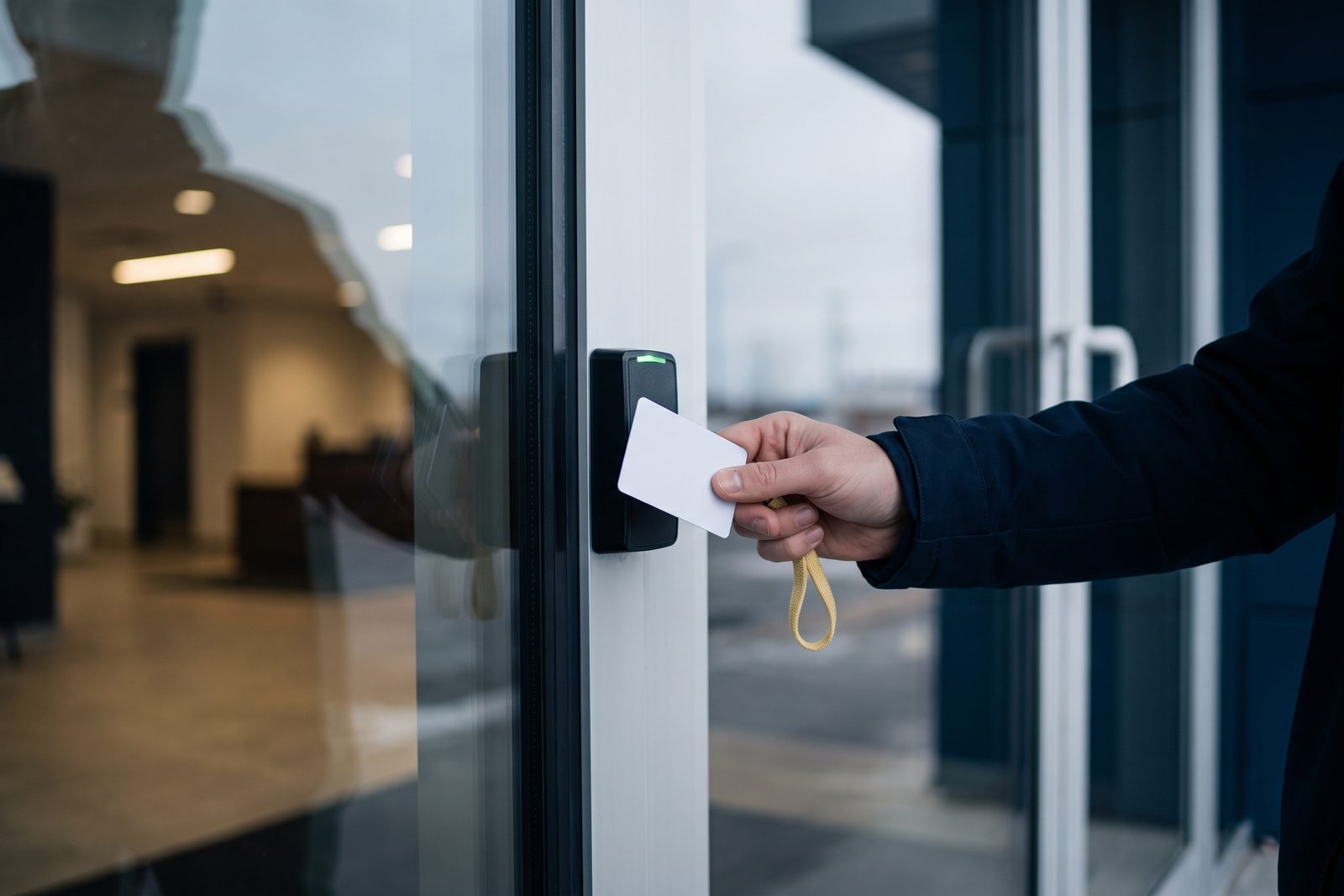 Main présentant une carte devant un lecteur, à l’entrée d’un immeuble