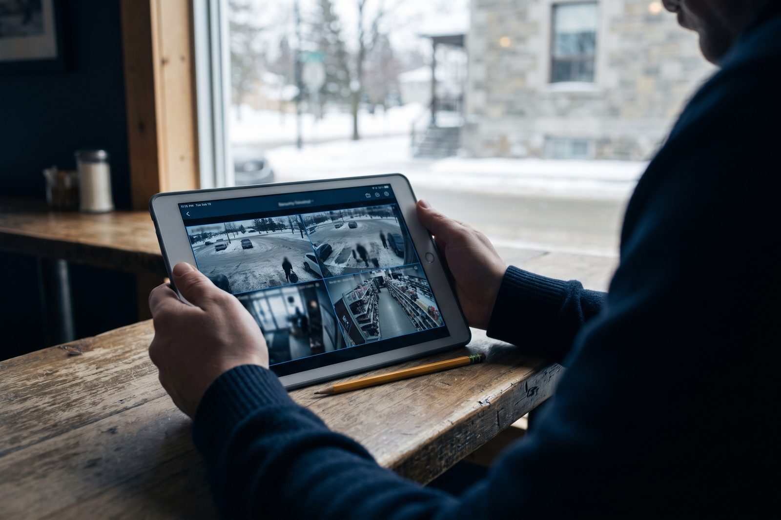 Personne consultant une grille de caméras sur une tablette