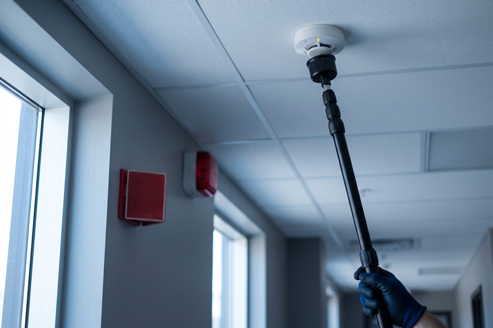 Perche d’essai levée vers un détecteur de fumée au plafond d’un corridor